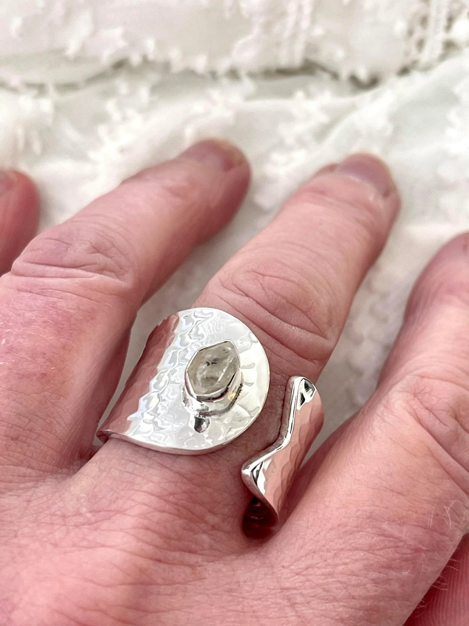 Hammered Wrap Ring - Herkimer Diamond - Image 3